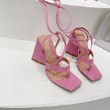 White Strappy Heels Autumn Triangle Heel Roman Lace-up High-Heeled Sandals Women
