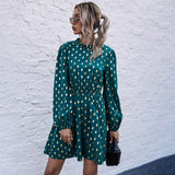 Emerald Green Dress Half Turtleneck Temperament Commute Polka Dot Dress