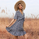 Coachella Music Festival Outfits Summer Floral Print Short Sleeve Backless Ruffle Dress for Women