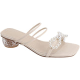 Nude Low Block Heel Bow with Pearl Chunky Heel