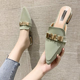 Finn Chain Pointed Toe Mule Closed Toe Half Slippers Summer Women's Pointed-Toe Mules Shoes Half Support