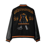 Man Fall Outfits Vintage Cartoon Embroidered Color Matching PU Leather Sleeve Baseball Uniform Jacket Coat