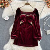Blue Velvet Dress Square Collar Pleated Velvet Split Sheath