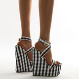 Platform Heels for Women Summer Stripes Platform Waterproof Platform Peep-Toe High Heel