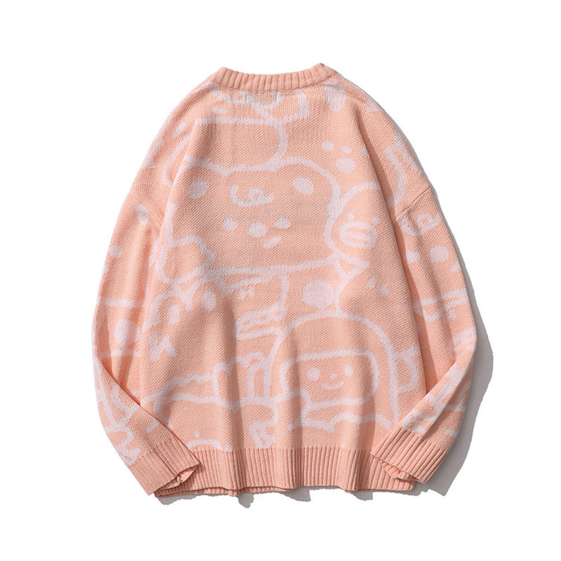 Men Sweater Cartoon Jacquard Sweater Men's round Neck Sweater Casual Pullover