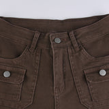 Julia Fox Low Rise Jeans Double-Sided Irregular Pocket Low Waist Slim Fit Bell-Bottom Pants Denim Casual Trousers