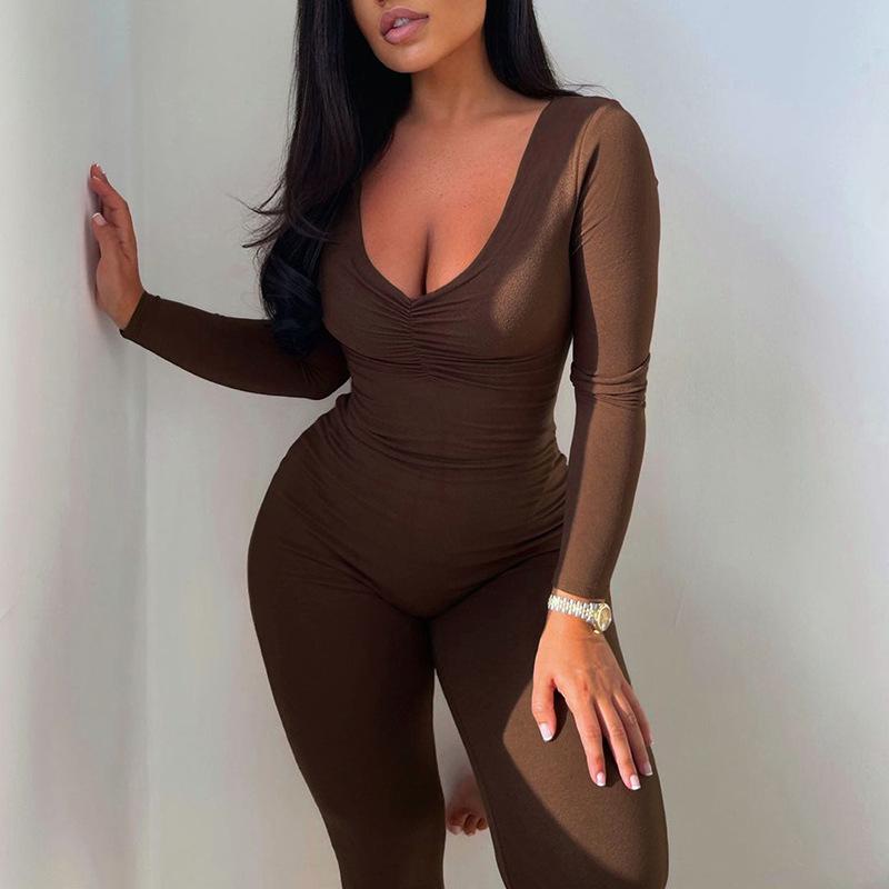 Fall Women's Clothing Solid Color High Waist Tight Sexy Low Cut Sports Casual Jumpsuit