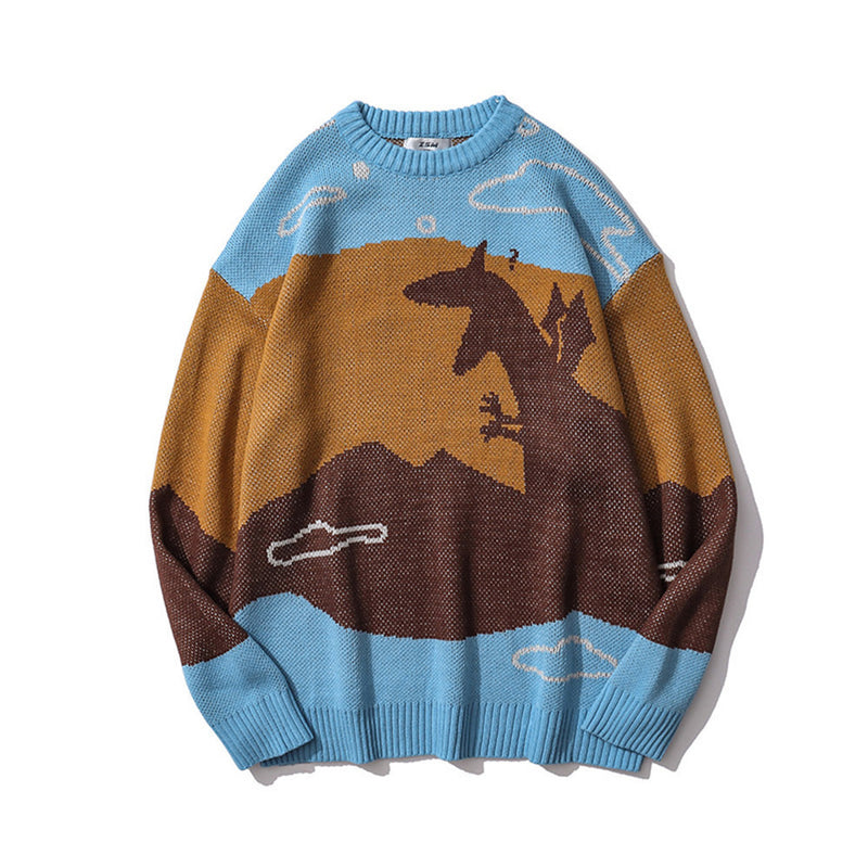 Men Sweater Cartoon Jacquard Color Matching Sweater Men's Trendy Contrast Color Pullover