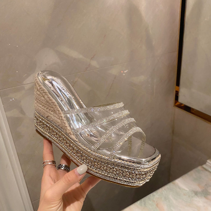 Platform Heels for Women Sequins Cross Transparent Slippers