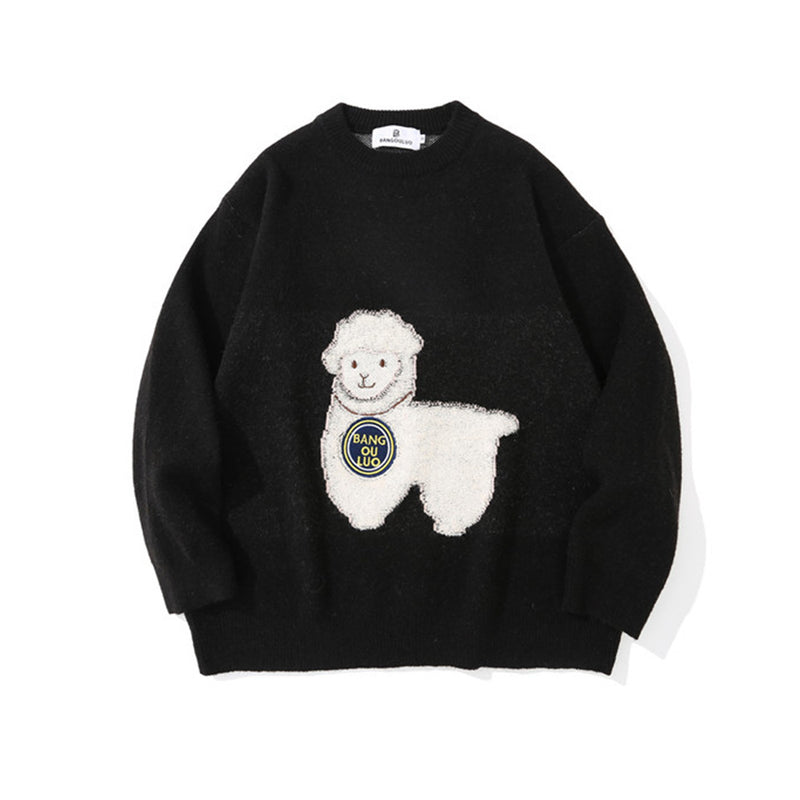 Men Sweater Cartoon Lamb Embroidered Knitwear Men's Long Sleeve Pullover