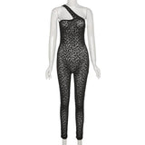 Summer Women's Sexy Mesh Flocking Leopard Print One-Shoulder High Waist Tight Sports Jumpsuit