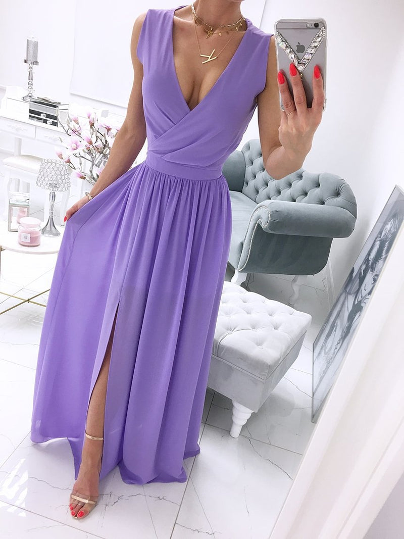 Mauve Dress Bridesmaid Summer Sleeveless Solid Color and V-neck Formal Dress Women's Dress