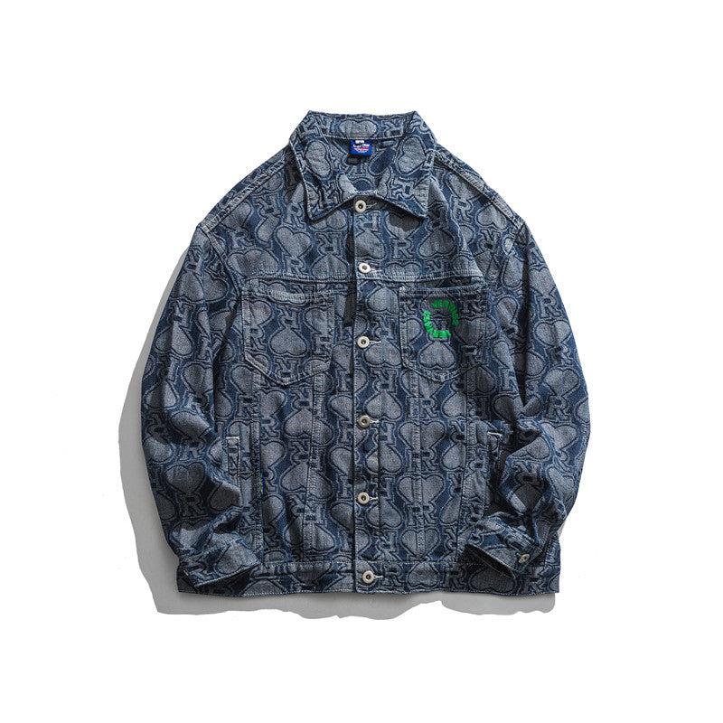 Man Fall Outfis Letter Patterned Denim Jacket Loose-Fitting Workwear Jacket