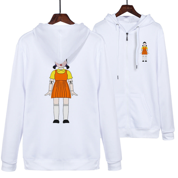 Squid Game Costume Round Six cartoon wooden man printed zipper sweater