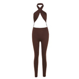 Summer women's sexy backless halter solid color high waist tight casual sports jumpsuit