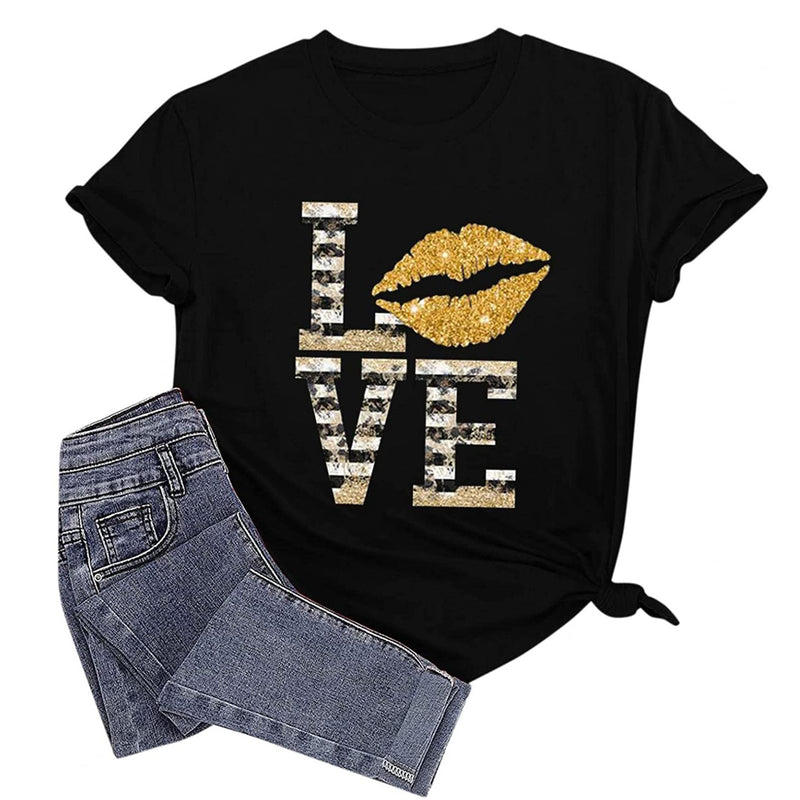 Valentine's Day T Shirts Couples T-shirt Female with Hearts Printed Short Sleeve T-shirt Short Sleeve