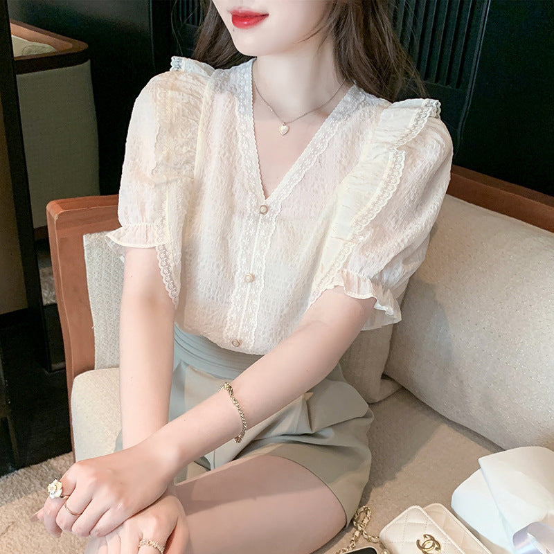 Gloria Vanderbilt V-neck Flounce Lace Chiffon Shirt