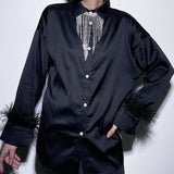 Gloria Vanderbilt Feather Long Sleeve Lapel Klein Blue Shirt