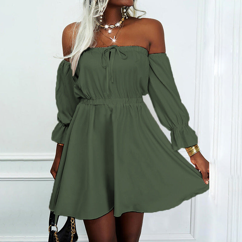 Burgundy Dress Formal Autumn and Winter Solid Color Short Sleeve off-Neck High Waist Dress