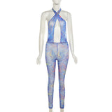 Summer women's sexy backless mesh printed high waist tight casual sports jumpsuit