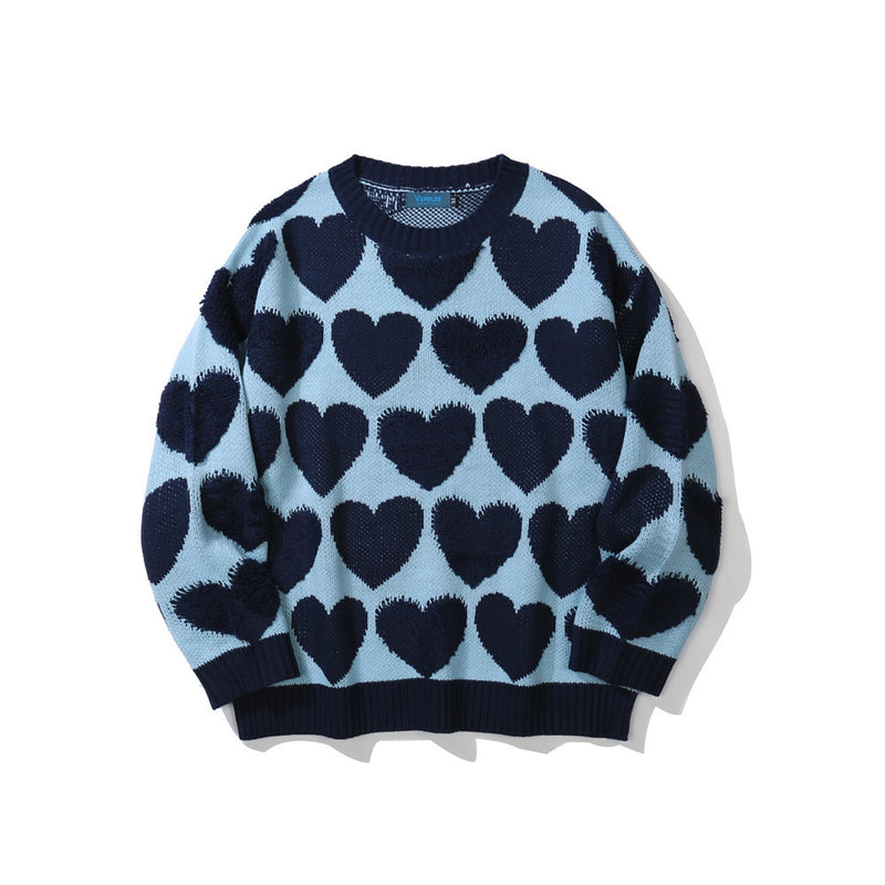 Men Sweater Contrast Color Heart Jacquard Sweater Men's Street Tide Brand Loose round Neck