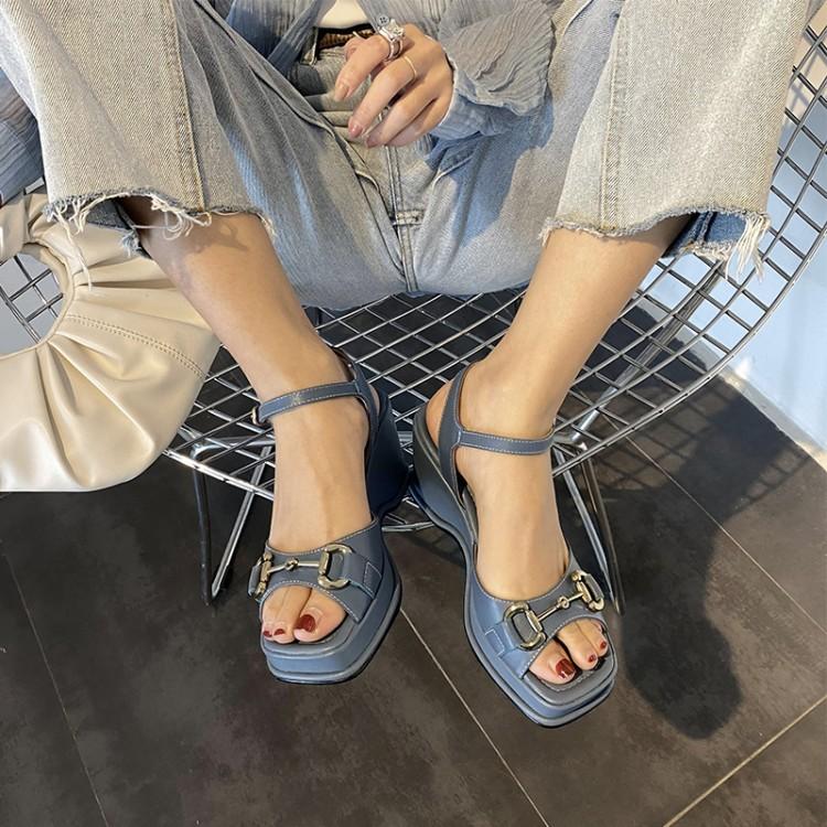 High Heels Slippers Square Toe Metal Buckle Wedge Sandals for Women