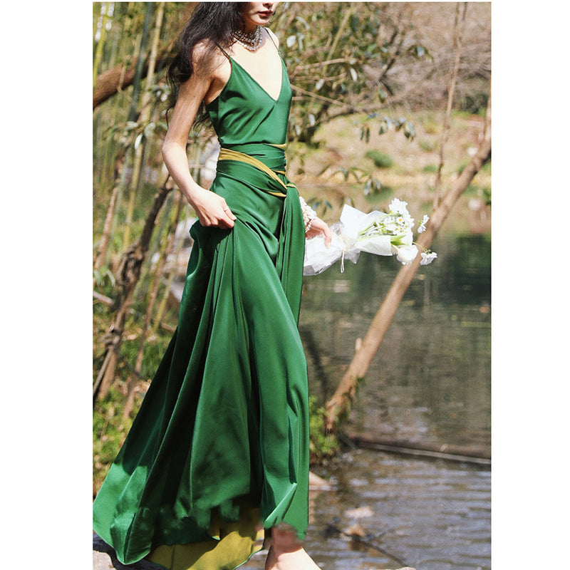 Emerald Green Dress Green V-neck Backless Sling