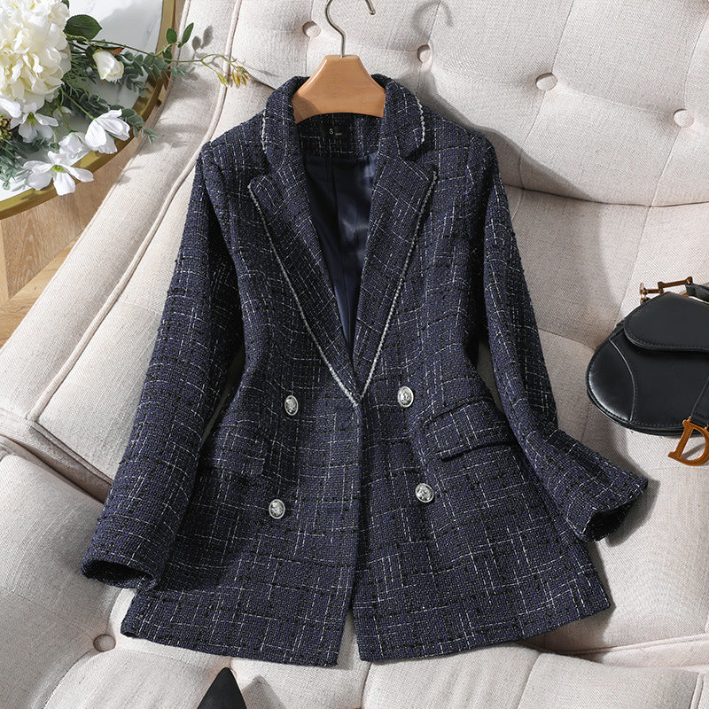 Interview Suit Women Glossy Black Plaid Coat for Women
