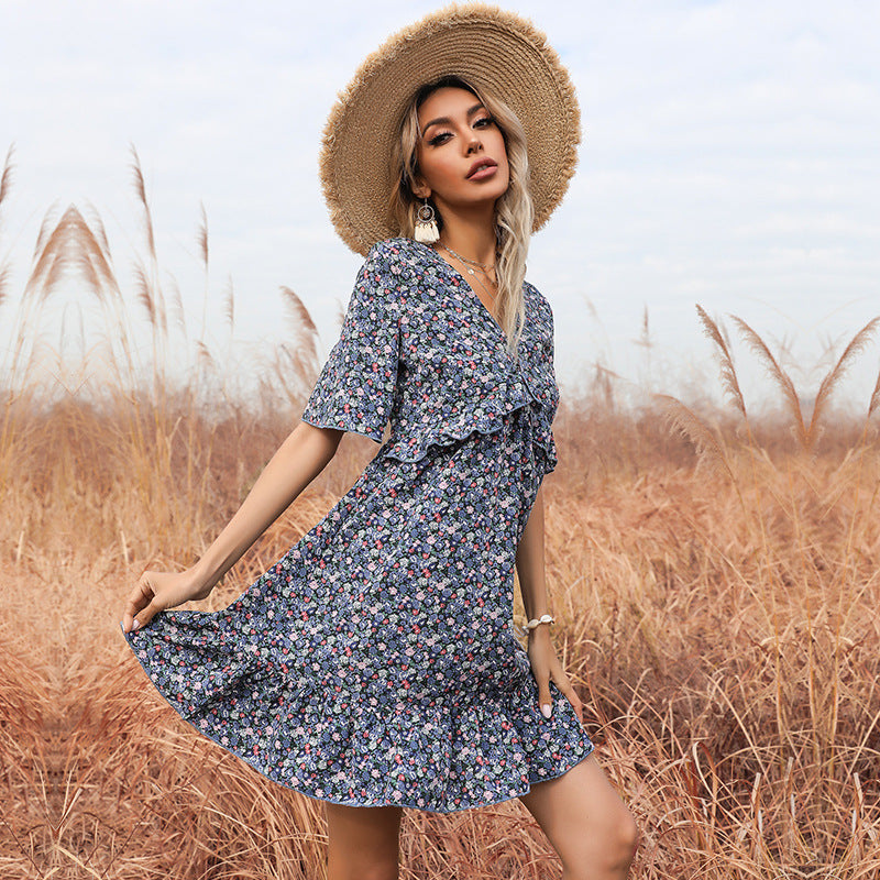 Coachella Music Festival Outfits Summer Floral Print Short Sleeve Backless Ruffle Dress for Women