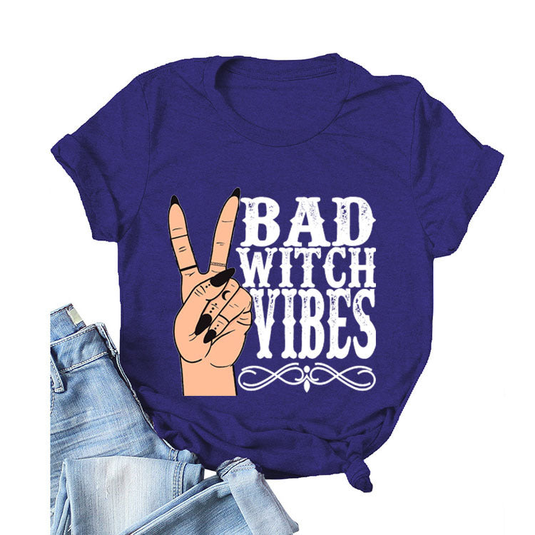 Halloween Costumes Bad Witch Vibe Shirt Pullover Simple Printed Crew Neck Top T-shirt Loose Short Sleeve
