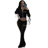 Velour Tracksuit Sexy Letters Embroidery Exposed Navel Bell-Bottom Pants Two-Piece Suit