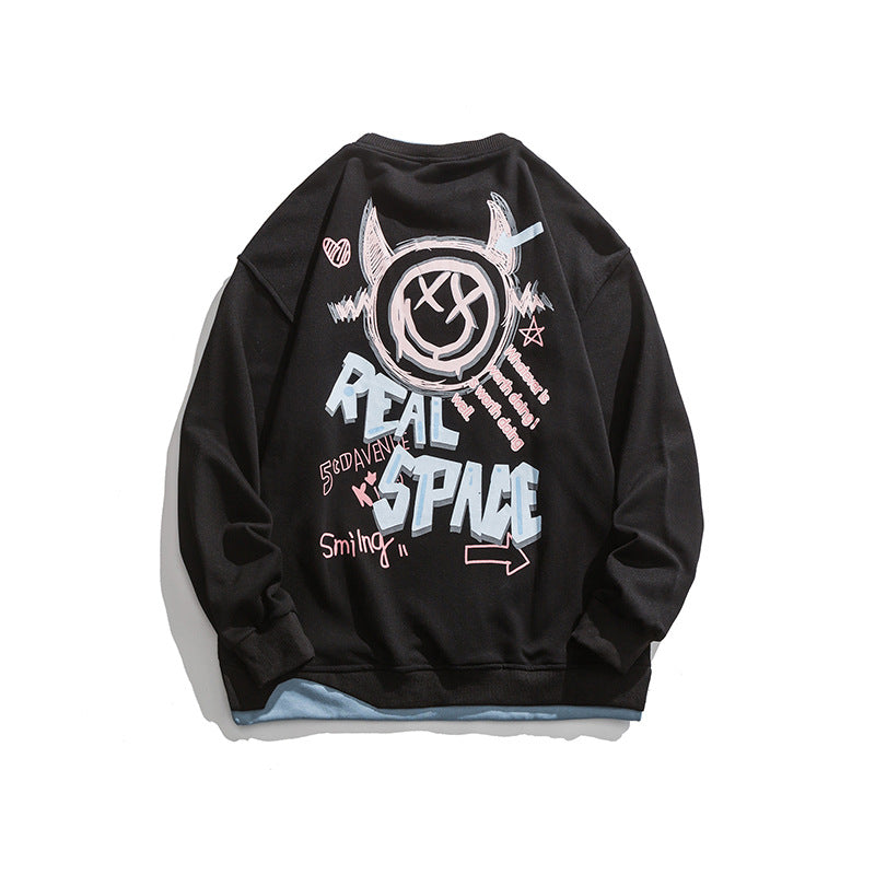Crew Neck Sweatshirts for Men Men's Autumn Clothing Alphabet Cartoon Floral Print Long Sleeve Pullover