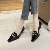 Finn Chain Pointed Toe Mule Crocodile Pattern Patent Leather Muller Pumps Rhinestone Metal Buckle