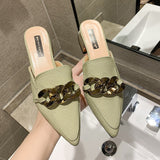 Finn Chain Pointed Toe Mule Spring and Autumn Lazy Pump Half Slippers Low Heel Slippers Mules Shoes