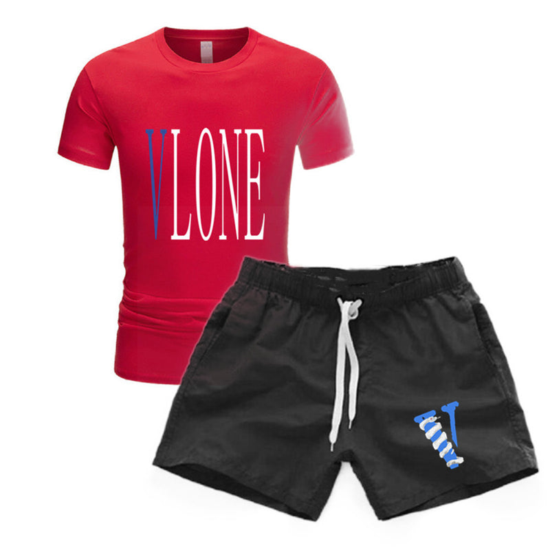 Vlone T Shirts & Shorts 2 Piece Set Men'S Short Sleeve Sports Beach Shorts Round Neck T-Shirt