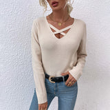 Women Pullover Knit Sweater Autumn and Winter Chest Front Cross Straps Hollow Sweater Sexy Sweater for Women