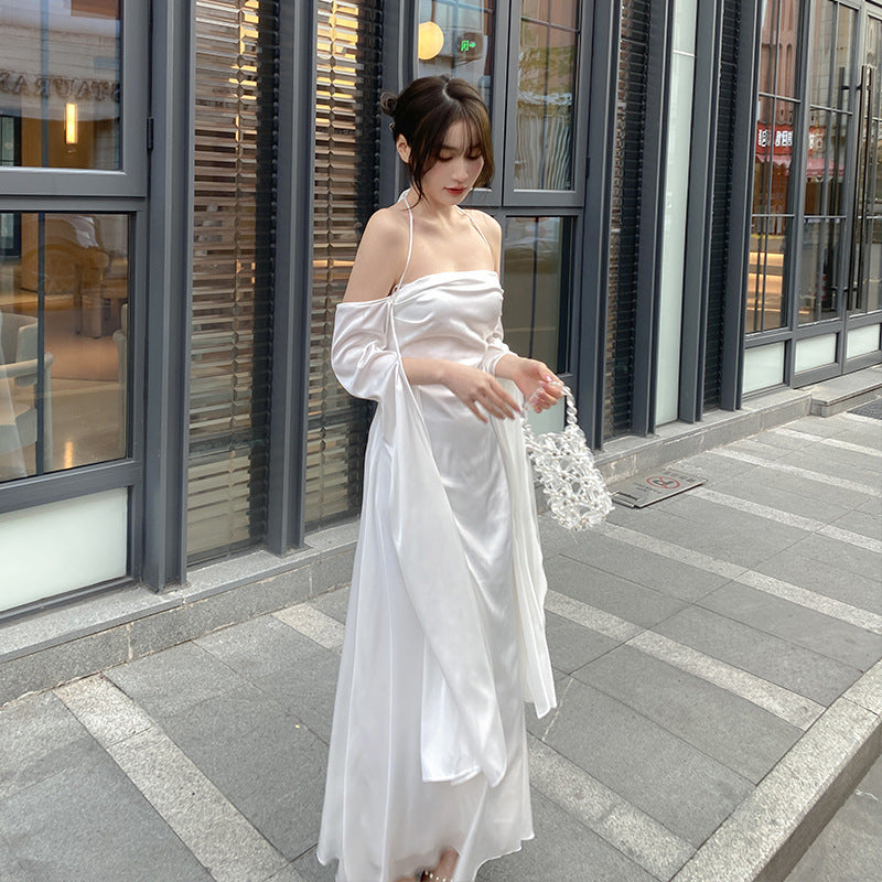 Taffeta Dress Sexy Lace-up Backless Dress Satin Slim-Fit Sheath Long Sleeve Dress