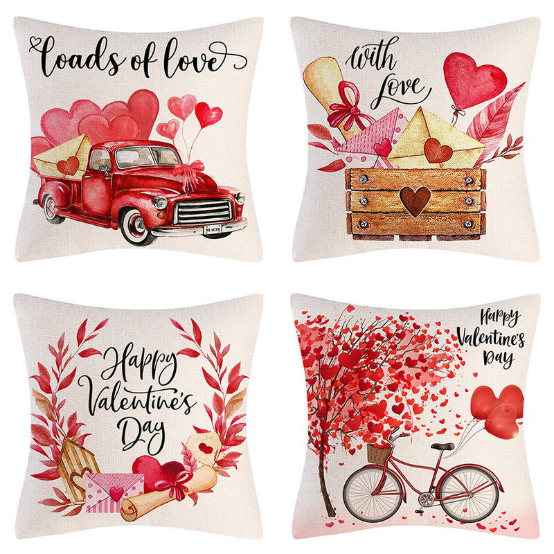 Valentine's Day Pillow Covers 4 Piece Random Styles Together, Truck Love Balloon Bicycle Ornament Pillow Cushion