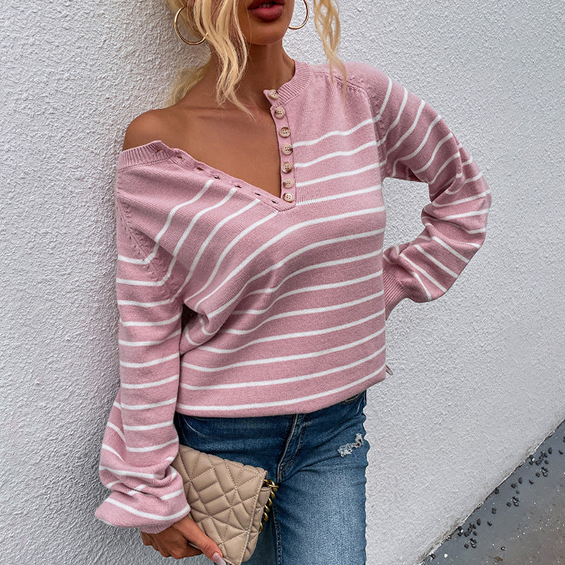 Women Pullover Knit Sweater Autumn and Winter Striped Pullover Fashion Sweater Top