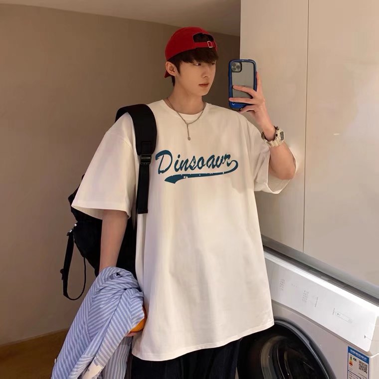 Men T-Shirts Letter Printed round Neck Loose Half Sleeve