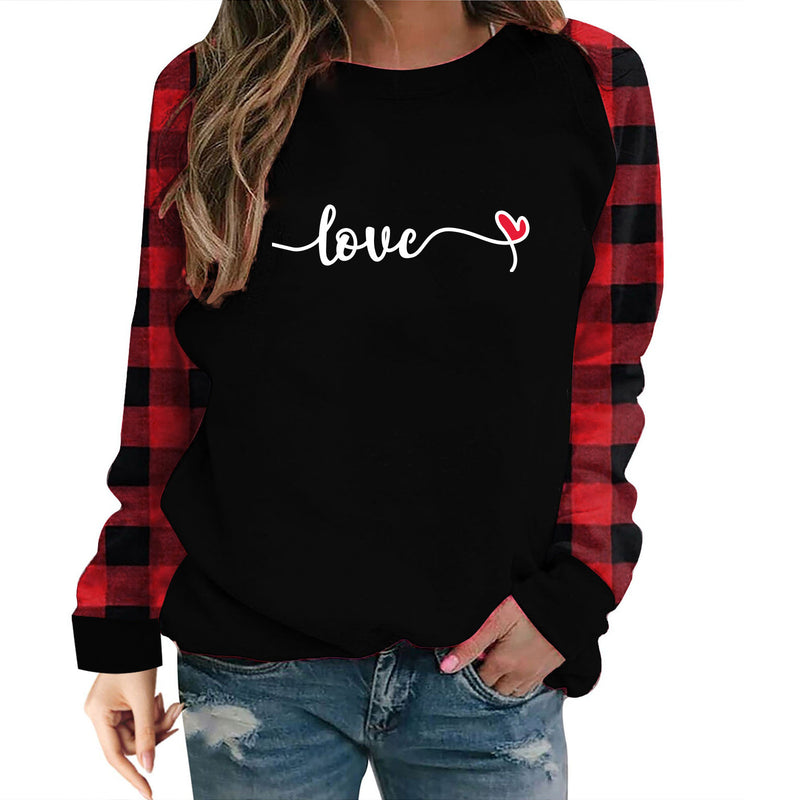 Valentine's Day T Shirt Long Sleeve Women's Clothing Heart Printing Raglan Plaid Long Sleeve