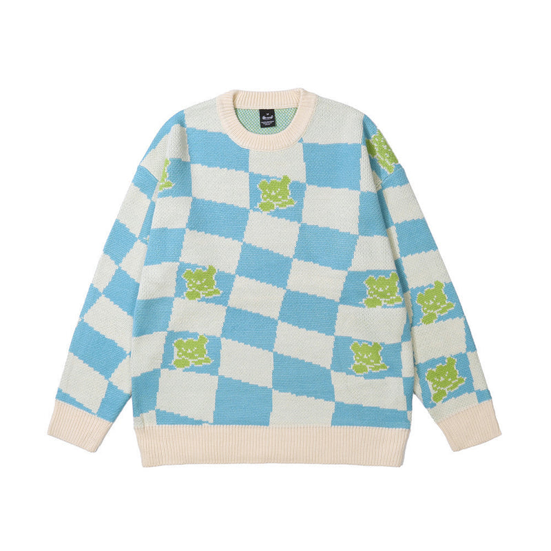 Men Sweater Plaid Colorblock Knitwear Men's round Neck Sweater Pullover