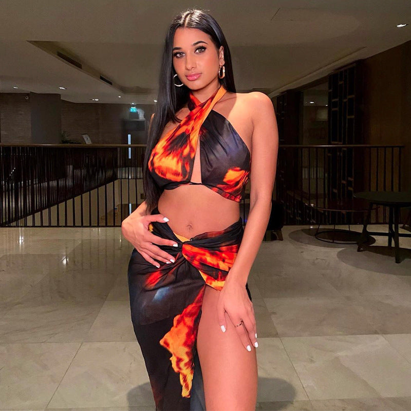 Kendall Jenner Wedding Guest Dress Fashion Personality Printed Sexy Backless Slit
