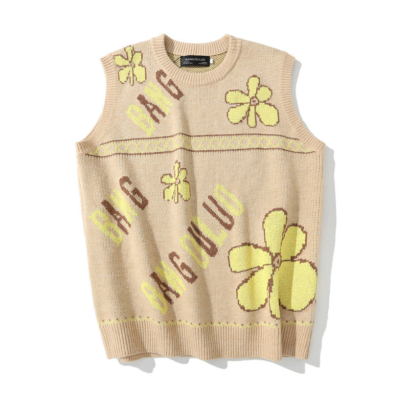 Men Sweater Flower Jacquard Sweater Vest Men's Loose Pullover