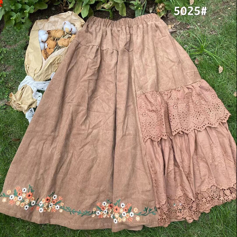 MIDI Mauve Skirt Autumn and Winter Corduroy Skirt Embroidered Dress Women's Skirt