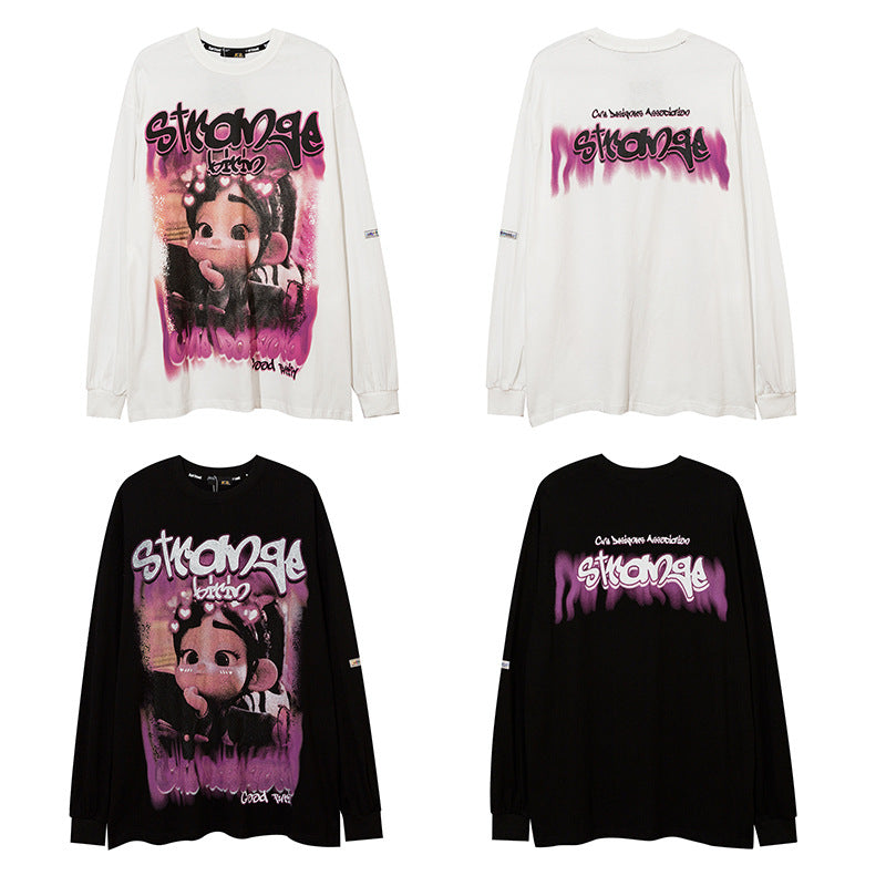 Man Fall Outfits Anime Print Long-Sleeved T-shirt Men and Women Couple Wear Bottoming Top