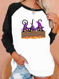 Halloween Costumes Cat Printing Capless Round Neck Contrast Color Sweatshirt Women