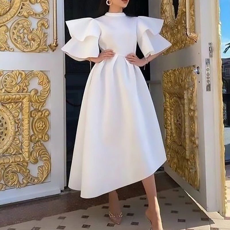 Taffeta Dress Ruffle Sleeve Solid Color Double Layer Dress Gown