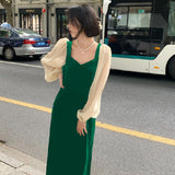Blue Velvet Dress Waist Slimming Square Collar Puff Sleeve