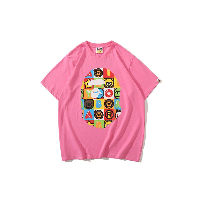 Bathing Ape T Shirt Printed Round Neck Casual Short Sleeve Multi-Color Blocks Ape Head T-shirt